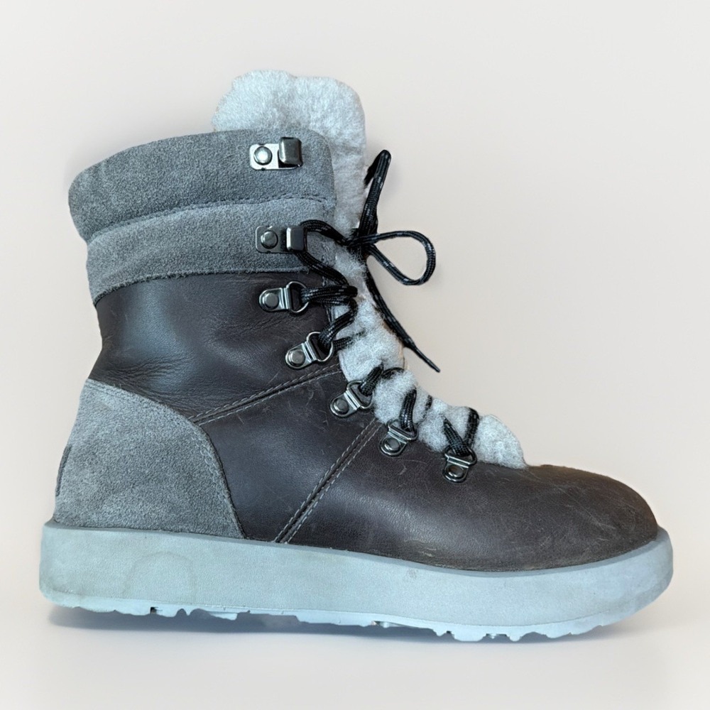 UGG Viki Waterproof Metal Leather Fur Boots Womens 6 Gray Snow Ankle Boot